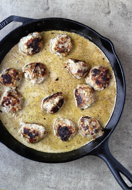 Mustard Cream Meatballs in Skillet vertical