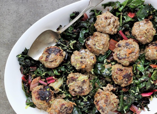 Mustard Cream Meatballs Plated with Greens